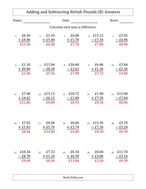 The Adding and Subtracting British Pounds With Amounts from 0.02 to 9.98 in Increments of Two Pence (B) Math Worksheet Page 2