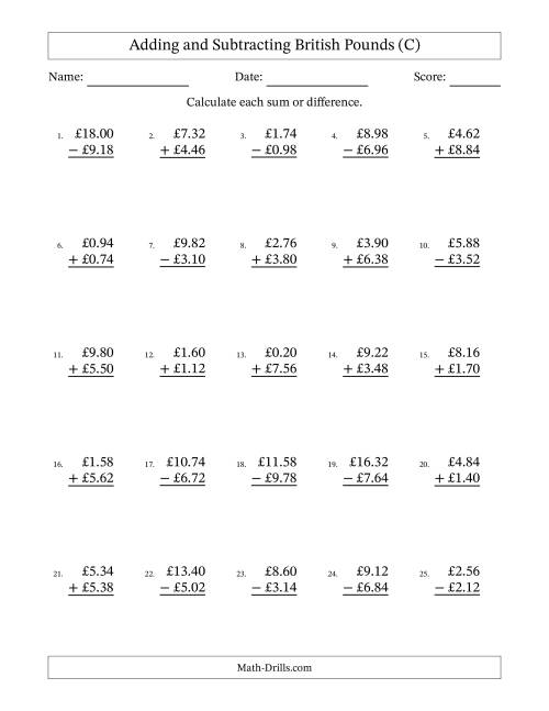 The Adding and Subtracting British Pounds With Amounts from 0.02 to 9.98 in Increments of Two Pence (C) Math Worksheet