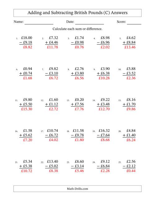 The Adding and Subtracting British Pounds With Amounts from 0.02 to 9.98 in Increments of Two Pence (C) Math Worksheet Page 2