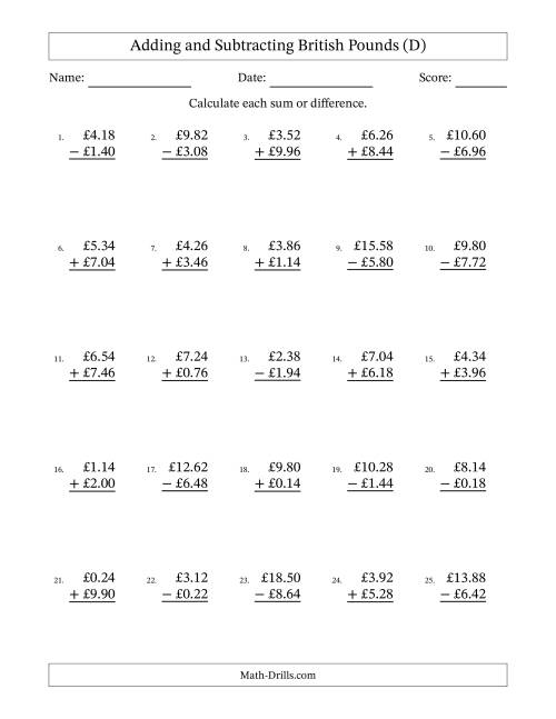 The Adding and Subtracting British Pounds With Amounts from 0.02 to 9.98 in Increments of Two Pence (D) Math Worksheet