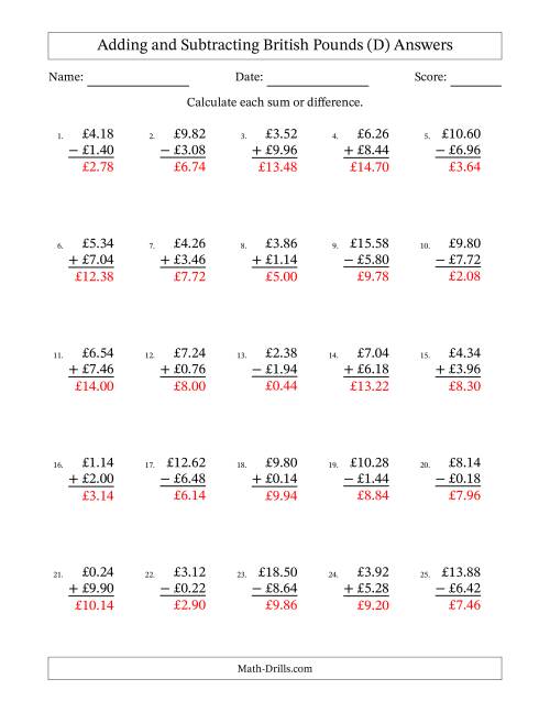 The Adding and Subtracting British Pounds With Amounts from 0.02 to 9.98 in Increments of Two Pence (D) Math Worksheet Page 2