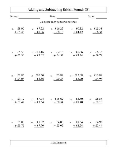 The Adding and Subtracting British Pounds With Amounts from 0.02 to 9.98 in Increments of Two Pence (E) Math Worksheet