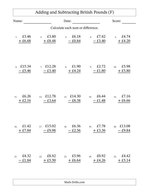 The Adding and Subtracting British Pounds With Amounts from 0.02 to 9.98 in Increments of Two Pence (F) Math Worksheet