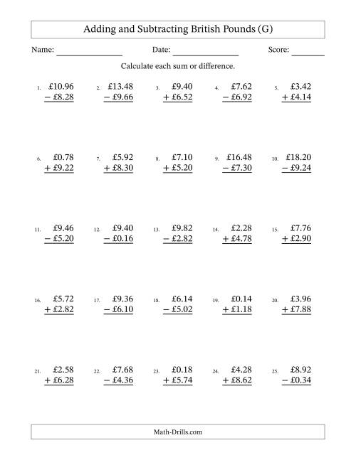 The Adding and Subtracting British Pounds With Amounts from 0.02 to 9.98 in Increments of Two Pence (G) Math Worksheet