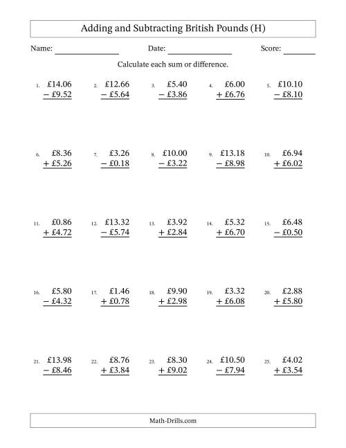 The Adding and Subtracting British Pounds With Amounts from 0.02 to 9.98 in Increments of Two Pence (H) Math Worksheet