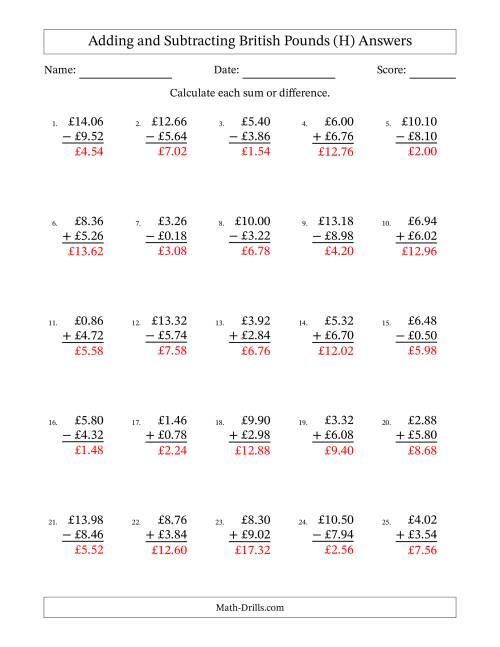 The Adding and Subtracting British Pounds With Amounts from 0.02 to 9.98 in Increments of Two Pence (H) Math Worksheet Page 2