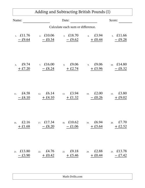 The Adding and Subtracting British Pounds With Amounts from 0.02 to 9.98 in Increments of Two Pence (I) Math Worksheet