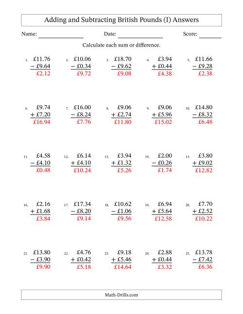 The Adding and Subtracting British Pounds With Amounts from 0.02 to 9.98 in Increments of Two Pence (I) Math Worksheet Page 2