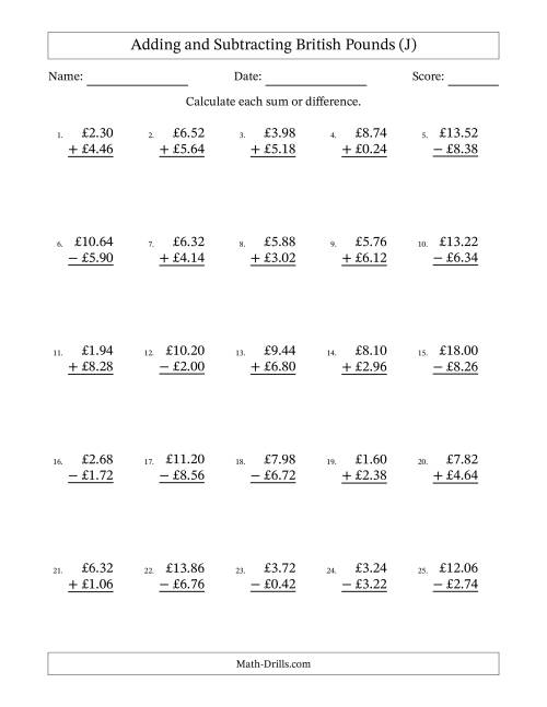 The Adding and Subtracting British Pounds With Amounts from 0.02 to 9.98 in Increments of Two Pence (J) Math Worksheet