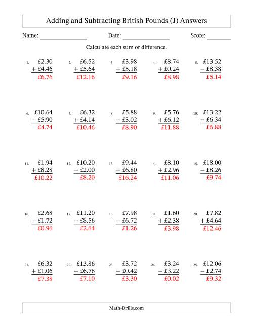 The Adding and Subtracting British Pounds With Amounts from 0.02 to 9.98 in Increments of Two Pence (J) Math Worksheet Page 2