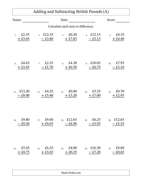 The Adding and Subtracting British Pounds With Amounts from 0.05 to 9.95 in Increments of Five Pence (A) Math Worksheet