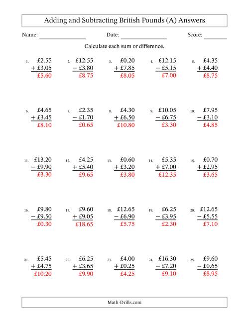 The Adding and Subtracting British Pounds With Amounts from 0.05 to 9.95 in Increments of Five Pence (A) Math Worksheet Page 2