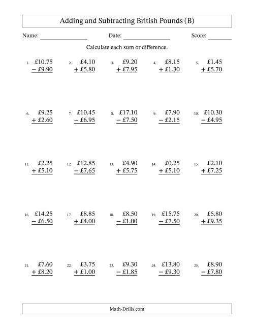 The Adding and Subtracting British Pounds With Amounts from 0.05 to 9.95 in Increments of Five Pence (B) Math Worksheet