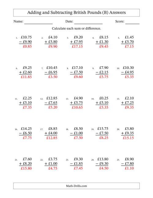 The Adding and Subtracting British Pounds With Amounts from 0.05 to 9.95 in Increments of Five Pence (B) Math Worksheet Page 2