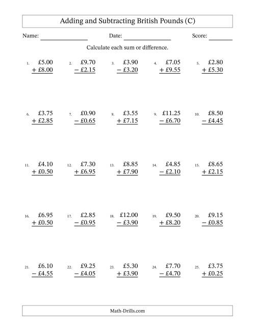 The Adding and Subtracting British Pounds With Amounts from 0.05 to 9.95 in Increments of Five Pence (C) Math Worksheet