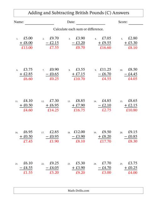 The Adding and Subtracting British Pounds With Amounts from 0.05 to 9.95 in Increments of Five Pence (C) Math Worksheet Page 2