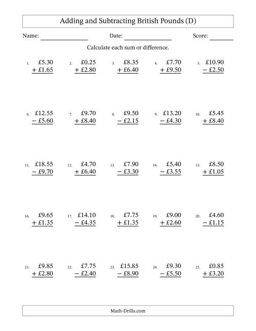 The Adding and Subtracting British Pounds With Amounts from 0.05 to 9.95 in Increments of Five Pence (D) Math Worksheet