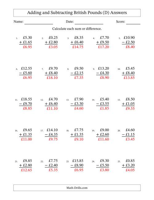 The Adding and Subtracting British Pounds With Amounts from 0.05 to 9.95 in Increments of Five Pence (D) Math Worksheet Page 2