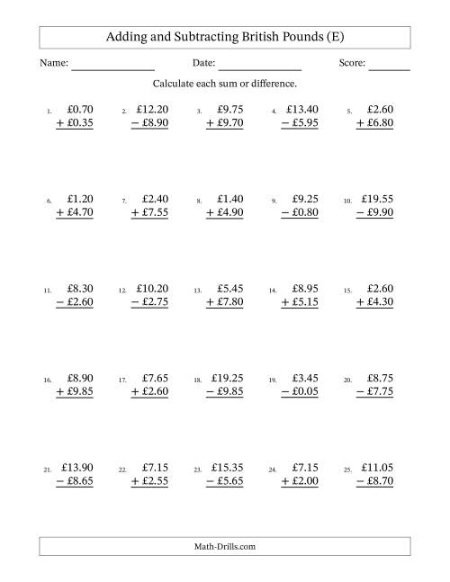 The Adding and Subtracting British Pounds With Amounts from 0.05 to 9.95 in Increments of Five Pence (E) Math Worksheet