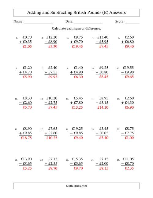 The Adding and Subtracting British Pounds With Amounts from 0.05 to 9.95 in Increments of Five Pence (E) Math Worksheet Page 2