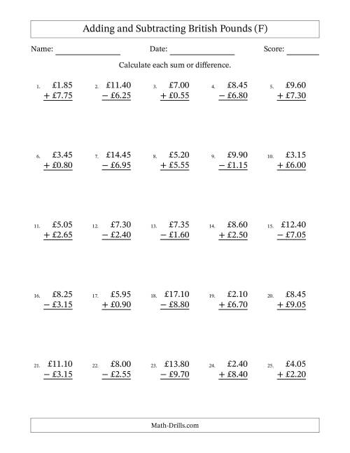 The Adding and Subtracting British Pounds With Amounts from 0.05 to 9.95 in Increments of Five Pence (F) Math Worksheet