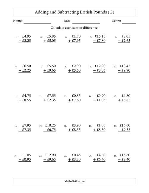 The Adding and Subtracting British Pounds With Amounts from 0.05 to 9.95 in Increments of Five Pence (G) Math Worksheet