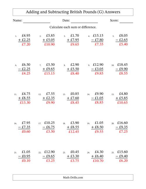 The Adding and Subtracting British Pounds With Amounts from 0.05 to 9.95 in Increments of Five Pence (G) Math Worksheet Page 2