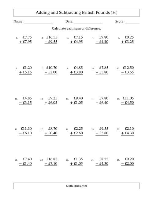 The Adding and Subtracting British Pounds With Amounts from 0.05 to 9.95 in Increments of Five Pence (H) Math Worksheet