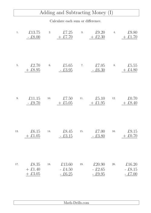 The Adding and Subtracting Pounds with Amounts up to £10 in 5 Pence Increments (I) Math Worksheet