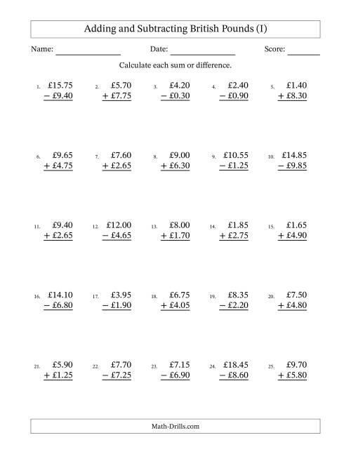 The Adding and Subtracting British Pounds With Amounts from 0.05 to 9.95 in Increments of Five Pence (I) Math Worksheet