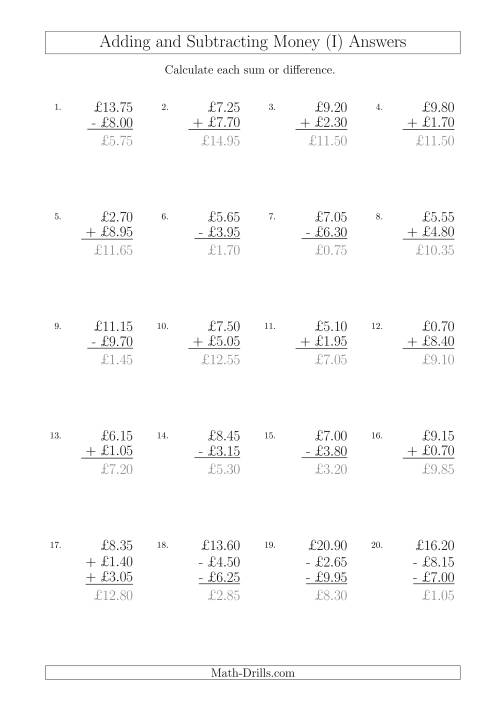 The Adding and Subtracting Pounds with Amounts up to £10 in 5 Pence Increments (I) Math Worksheet Page 2