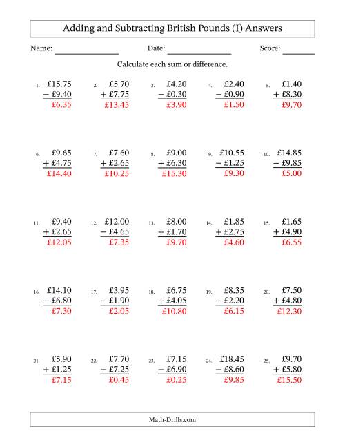 The Adding and Subtracting British Pounds With Amounts from 0.05 to 9.95 in Increments of Five Pence (I) Math Worksheet Page 2