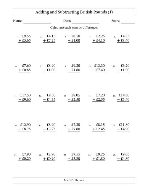 The Adding and Subtracting British Pounds With Amounts from 0.05 to 9.95 in Increments of Five Pence (J) Math Worksheet