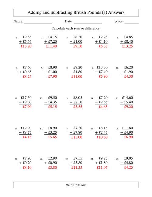 The Adding and Subtracting British Pounds With Amounts from 0.05 to 9.95 in Increments of Five Pence (J) Math Worksheet Page 2