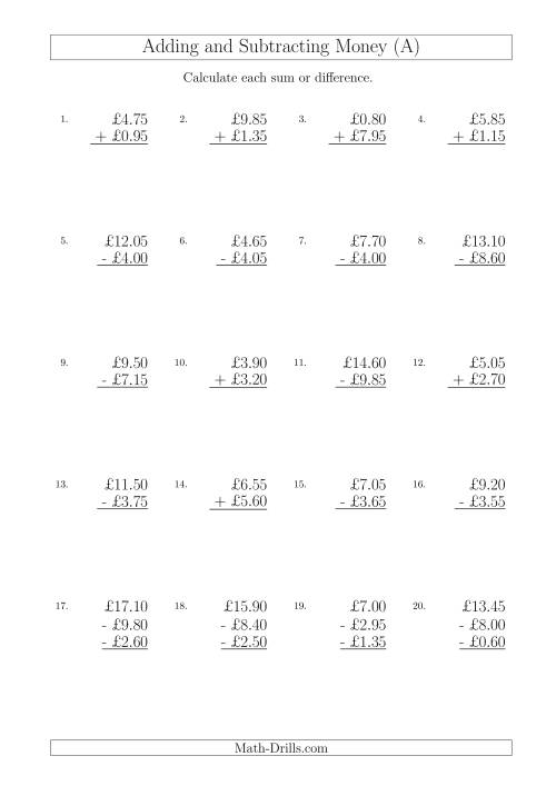 The Adding and Subtracting Pounds with Amounts up to £10 in 5 Pence Increments (All) Math Worksheet