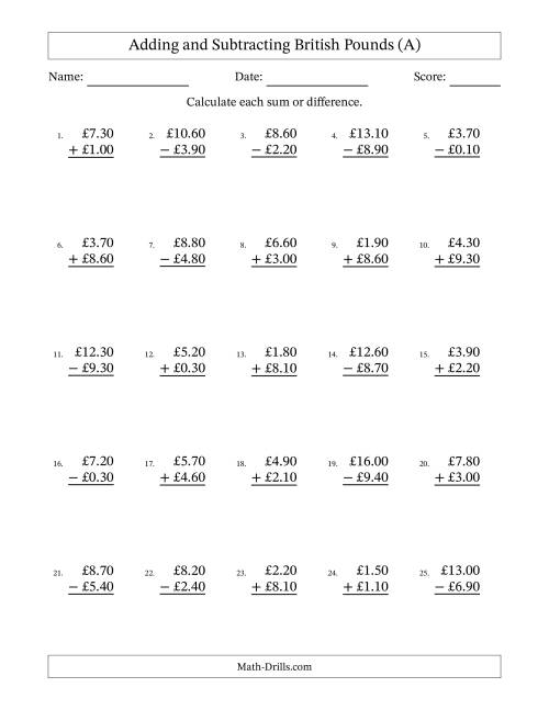 The Adding and Subtracting British Pounds With Amounts from 0.10 to 9.90 in Increments of Ten Pence (A) Math Worksheet