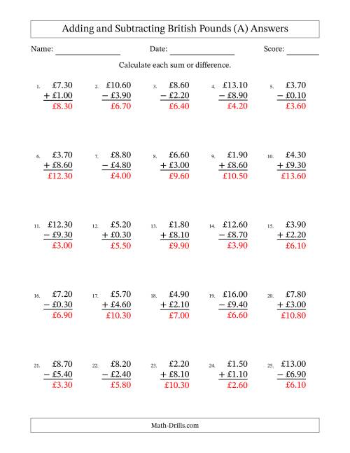 The Adding and Subtracting British Pounds With Amounts from 0.10 to 9.90 in Increments of Ten Pence (A) Math Worksheet Page 2