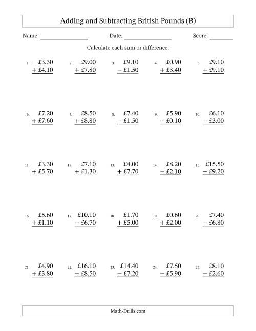 The Adding and Subtracting British Pounds With Amounts from 0.10 to 9.90 in Increments of Ten Pence (B) Math Worksheet