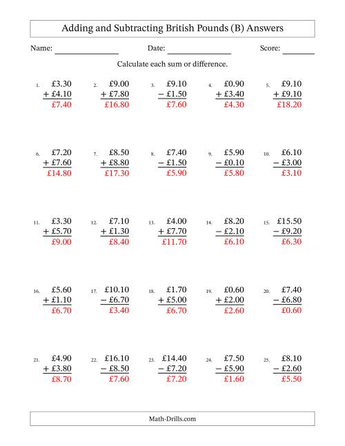 The Adding and Subtracting British Pounds With Amounts from 0.10 to 9.90 in Increments of Ten Pence (B) Math Worksheet Page 2