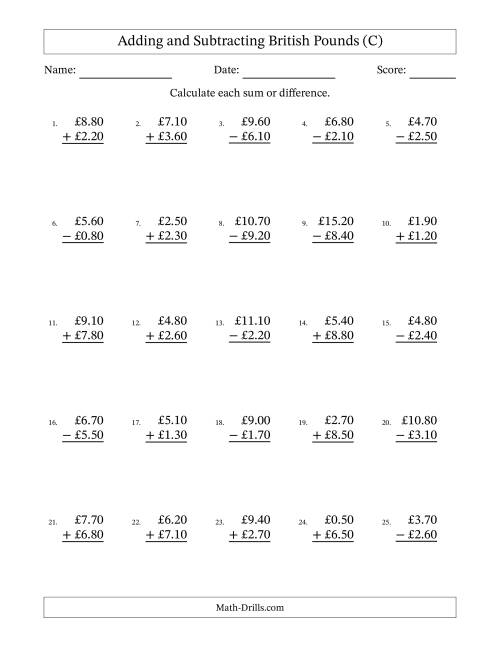 The Adding and Subtracting British Pounds With Amounts from 0.10 to 9.90 in Increments of Ten Pence (C) Math Worksheet