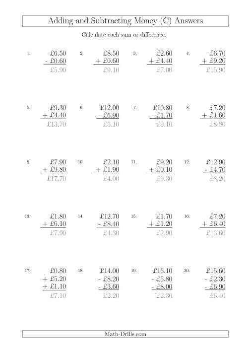 The Adding and Subtracting Pounds with Amounts up to £10 in 10 Pence Increments (C) Math Worksheet Page 2