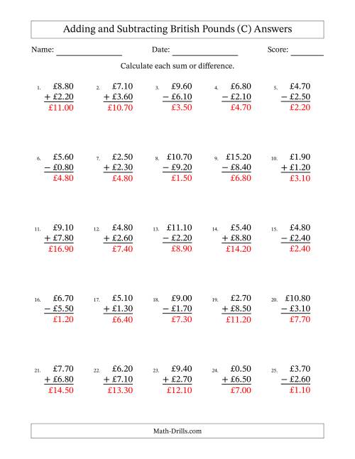 The Adding and Subtracting British Pounds With Amounts from 0.10 to 9.90 in Increments of Ten Pence (C) Math Worksheet Page 2