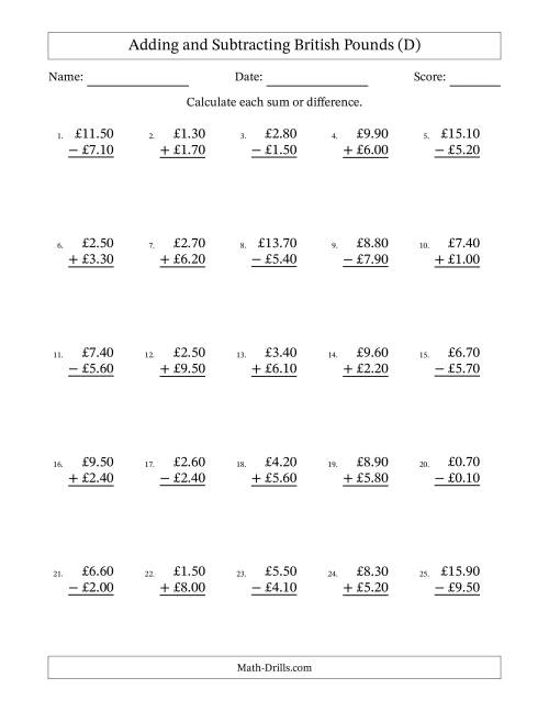 The Adding and Subtracting British Pounds With Amounts from 0.10 to 9.90 in Increments of Ten Pence (D) Math Worksheet