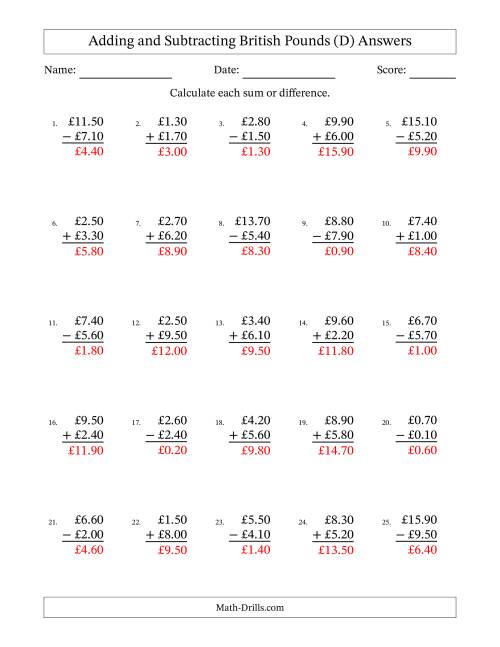 The Adding and Subtracting British Pounds With Amounts from 0.10 to 9.90 in Increments of Ten Pence (D) Math Worksheet Page 2