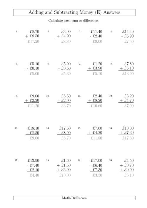 The Adding and Subtracting Pounds with Amounts up to £10 in 10 Pence Increments (E) Math Worksheet Page 2