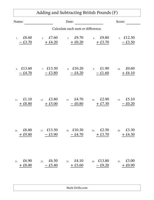 The Adding and Subtracting British Pounds With Amounts from 0.10 to 9.90 in Increments of Ten Pence (F) Math Worksheet