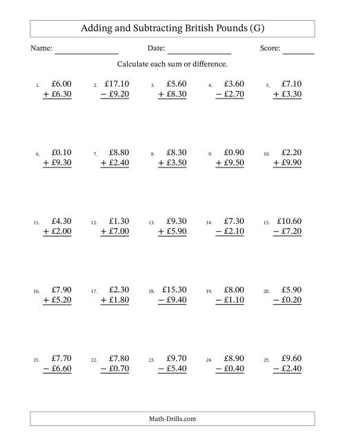 The Adding and Subtracting British Pounds With Amounts from 0.10 to 9.90 in Increments of Ten Pence (G) Math Worksheet