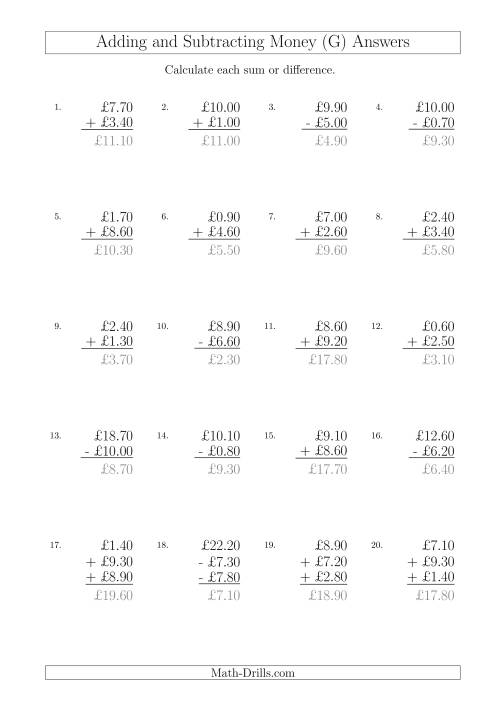 The Adding and Subtracting Pounds with Amounts up to £10 in 10 Pence Increments (G) Math Worksheet Page 2