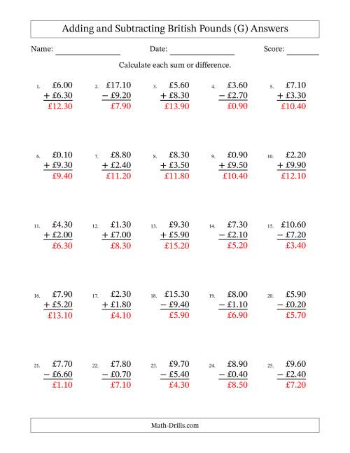 The Adding and Subtracting British Pounds With Amounts from 0.10 to 9.90 in Increments of Ten Pence (G) Math Worksheet Page 2