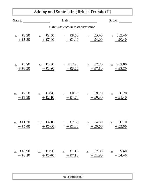 The Adding and Subtracting British Pounds With Amounts from 0.10 to 9.90 in Increments of Ten Pence (H) Math Worksheet